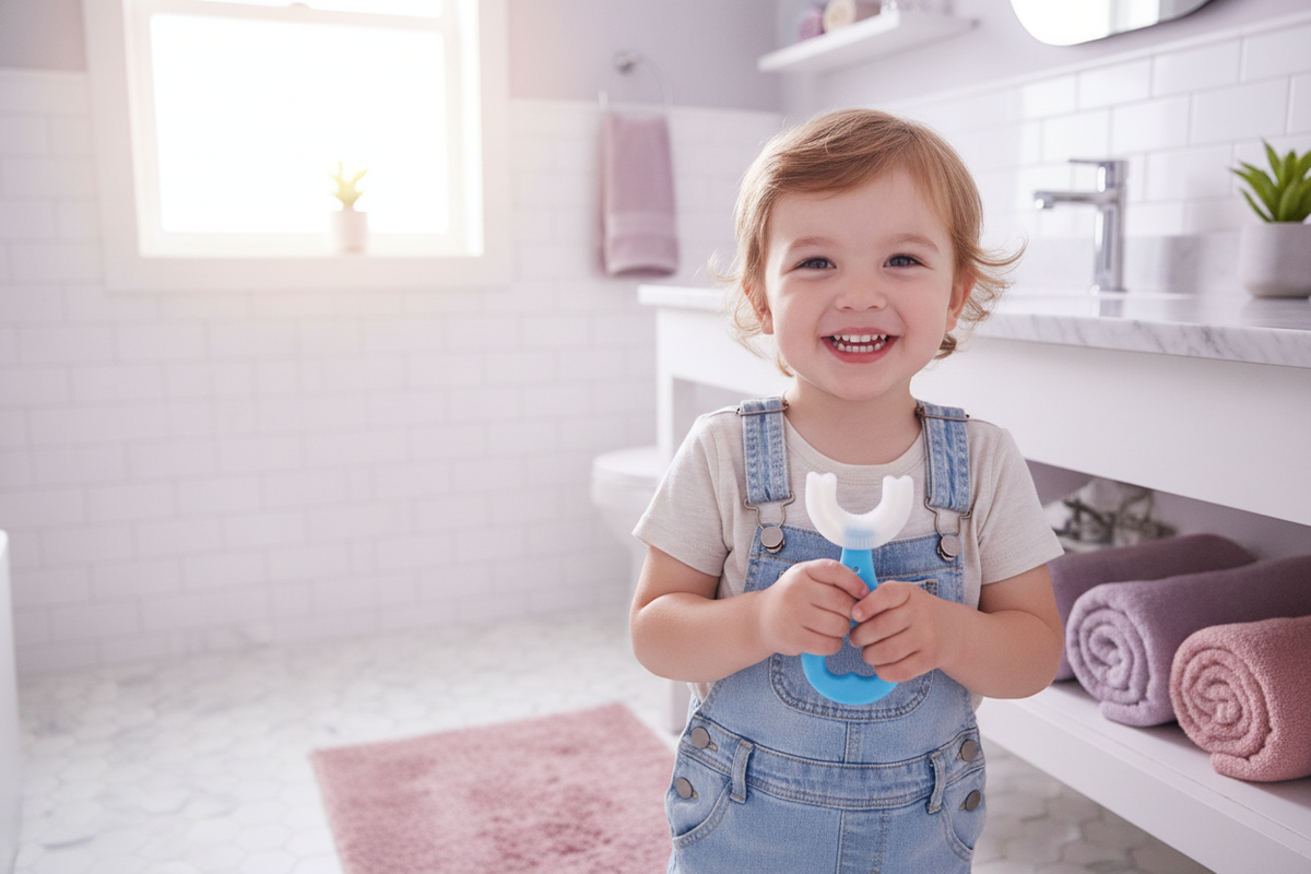 Child aged 2-5 smiling, holding a U-shaped toothbrush in a modern bathroom with soft lavender and dusty rose accents.