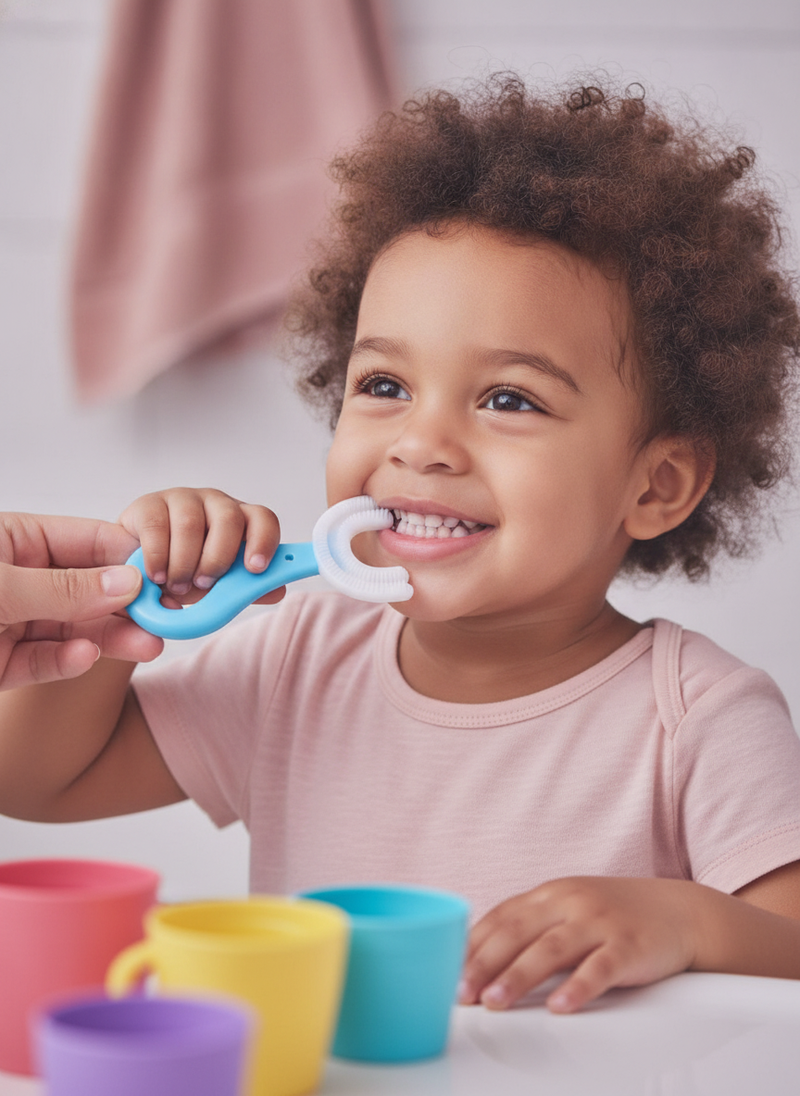 A happy 3-year-old child uses a U-shaped toothbrush in a home bathroom, with a parent's hand gently guiding.