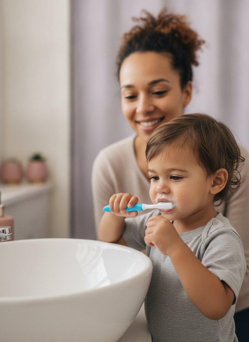 A diverse parent smiles with relief while their 3-year-old child brushes teeth independently with a blue U-shaped toothbrush 