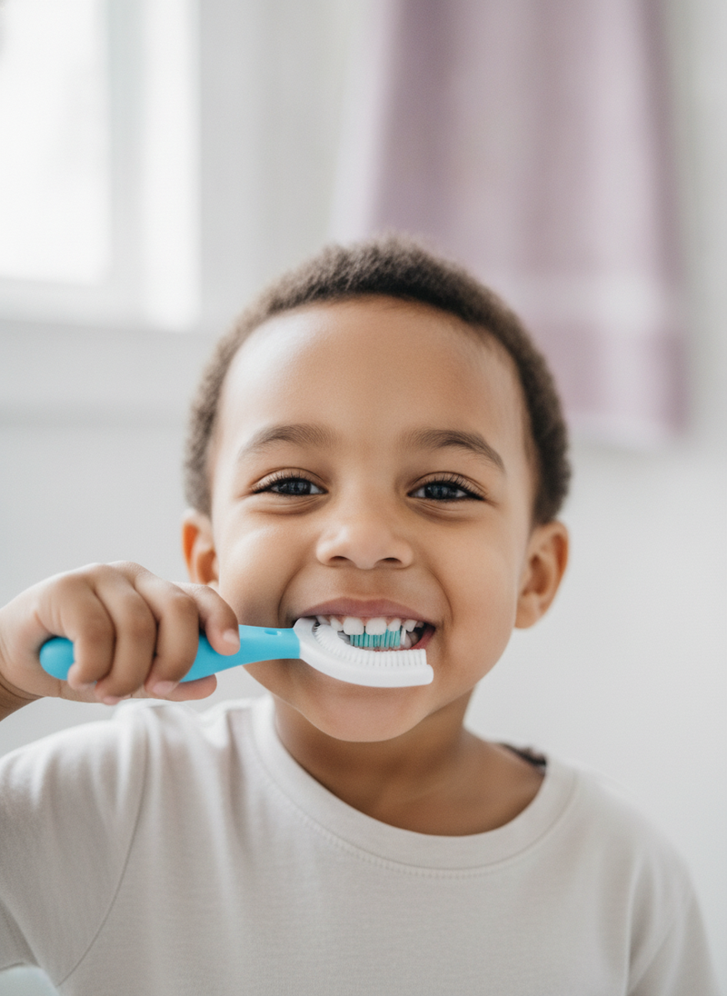 A 4-year-old child with a happy expression holds a blue U-shaped toothbrush in a brightly lit bathroom, showing clean teeth.